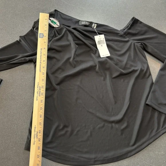 NWT Authentic RALPH LAUREN  Black One Shoulder Long Sleeve Top Petite L - Picture 7 of 10